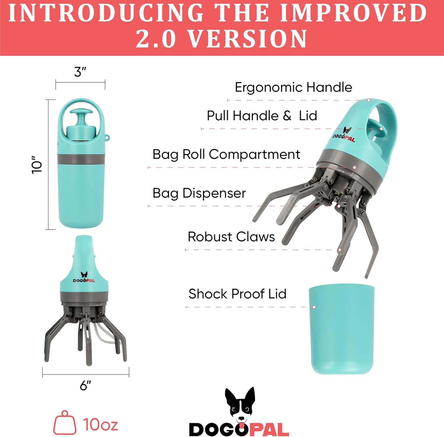 360 Portable Pooper Scooper with Bag Attachment & Dispenser – Lightweight Claw Poop Picker – Ideal for Small & Large Dogs – No-Touch, Hands-Free Waste Removal 2.0